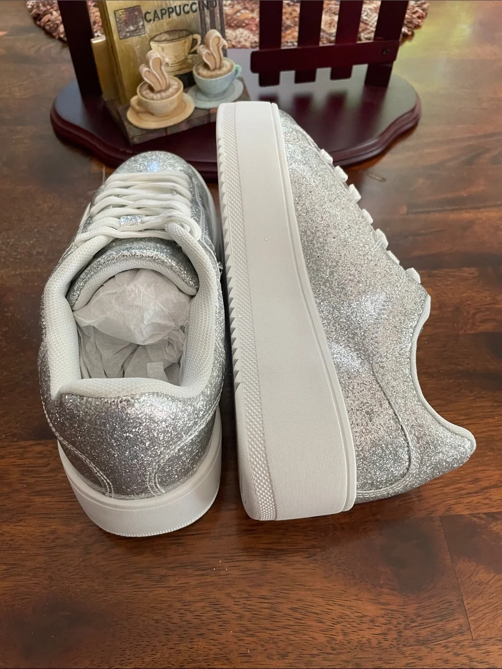 J. ADAMS Hero Coated Platform Sneakers, Women’s 6, Glossy Silver Glitter